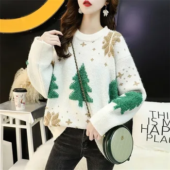 

New Sweater Women Loose Wear Lazy Autumn and Winter Students Artistic All-match Retro Christmas Pullover Knitting Shirt Top Fur