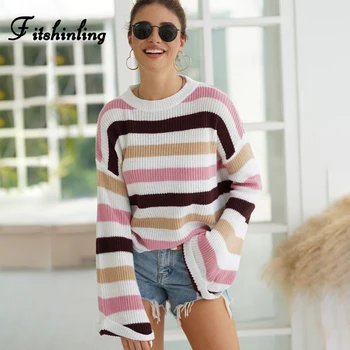 

Fitshinling Rainbow Striped Sweater Female 2019 Multicolor Flare Sleeve Winter Sweaters For Women Knitting Basic Pullovers Sale
