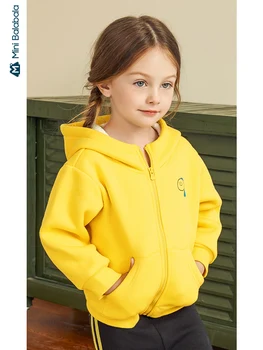 

Minibalabala Children jacket girls plus velvet casual clothes 2019 winter new hooded silhouette children clothing