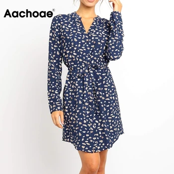 

Floral Print Casual Shirt Dress Women Long Sleeve Elegant Office Dresses 2020 Spring V Neck Button Elastic Waist Mini Dress