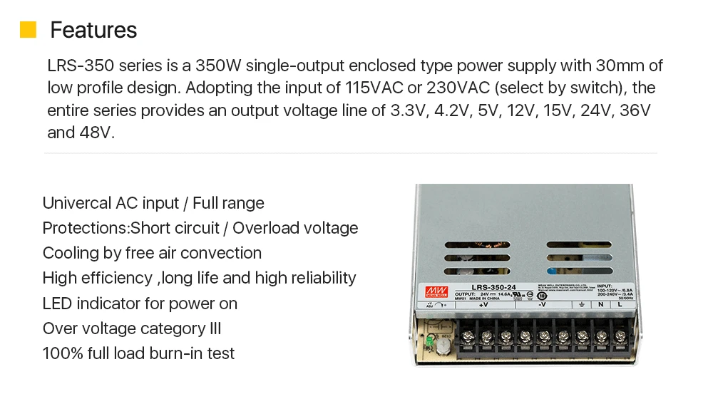 24V, 36V, 48V, 350W, MW original, Taiwan Brand, LRS-350