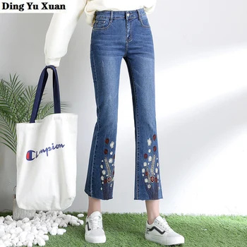 

2002 Spring Summer Flower Embroideried Denim Jeans Woman Stretch Loose Flared Jeans Capri Plus Size Womens Clothing
