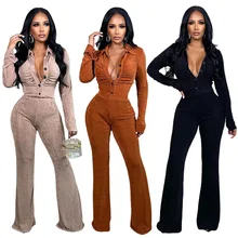 RStylish Women Solid Velvet Long Sleeve Shirts Crop Tops+Flare Pants Two Piece Set Vintage Office Lady Outfits