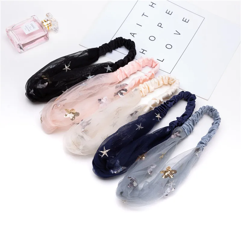 

Thin Section Mesh Sequins Stars Wide Side Cross Hair Band Women Headbands Vintage Cross Knot Elastic Hair Accessories