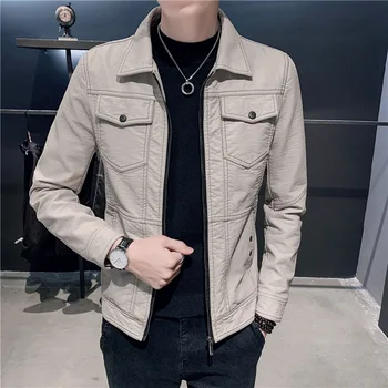 

new male locomotive PU leather jacket youth leisure cultivate one's morality pure color double breast pocket leather lapels