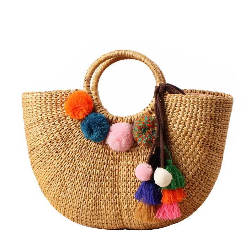 

THINKTHENDO Fashion Women Girls Summer Beach Tote Straw Drawstring Handbag Travel Holiday Top Handle Bag