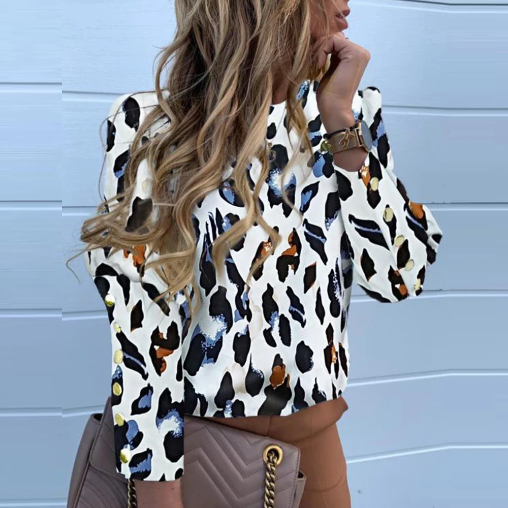 Elegant Spring Metal Buttons Puff Sleeve Blouse Shirts Women Casual Plus Size O-Neck Long Slim Letter Pineapple Print Top | Женская