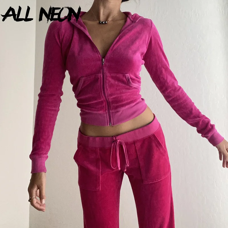 ALLNeon 2000s Aesthetics Pink Velour 2 Piece Sets with Pants Streetwear Zip Up Hoodie Drawstring Low Waist Pants Co-ord Suit