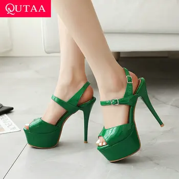 

QUTAA 2020 Thin Super High Heel Sexy Women Shoes Peep Toe Buckle Fashion Sandals Platform PU Leather Ladies Pumps Big Size 34-43