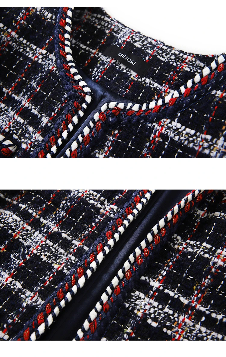 Handmade Luxury Blazer Suits for Women Vintage O Neck Grid Tweed Buttons Wool Short Blazers Coat