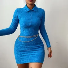 Mini robe à manches longues et col rabattu pour femmes, avec fermeture éclair, Slim, avec lettres, en Jacquard, motifs 3D, tenues de hanche, automne 