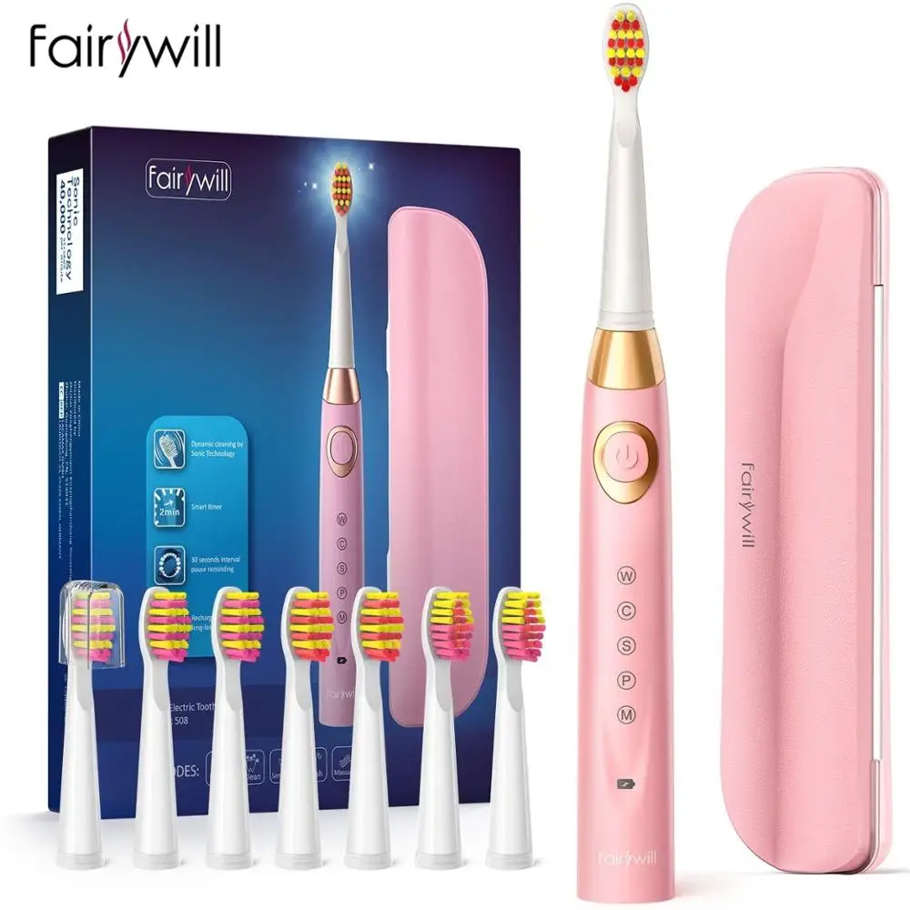 

Fairywill Ultra Sonic Tooth Brush Rechargeable 5 Modes Tooth Brush Waterproof Replacement 8 Brush Heads Gift Electric Toothbrush
