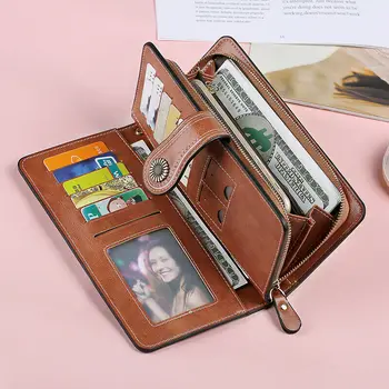 

Women Wallet Purse Vintage Oil Leather Large Capacity Lady Zipper Wallet Long Purse Handbag Bag /BY