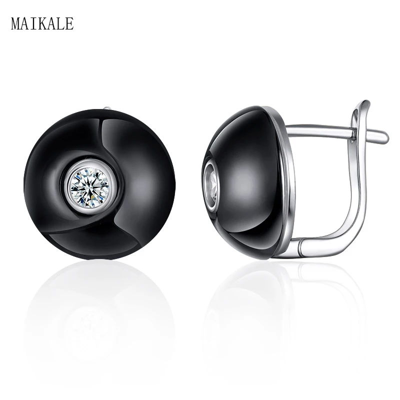 silver black MAIKALE, простые круглые серьги-гвоздики из керамики, покрытые медью, золотые, серебряные, с кубическим цирконием, классические серьги для женщин, подарки для друзей - Окраска металла: silver black