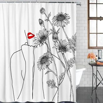 

Waterproof Shower Curtain Flower Daisy Female Line Pattern Red Lips Bathroom Shower Curtains Christmas Shower Curtain &12 Hook