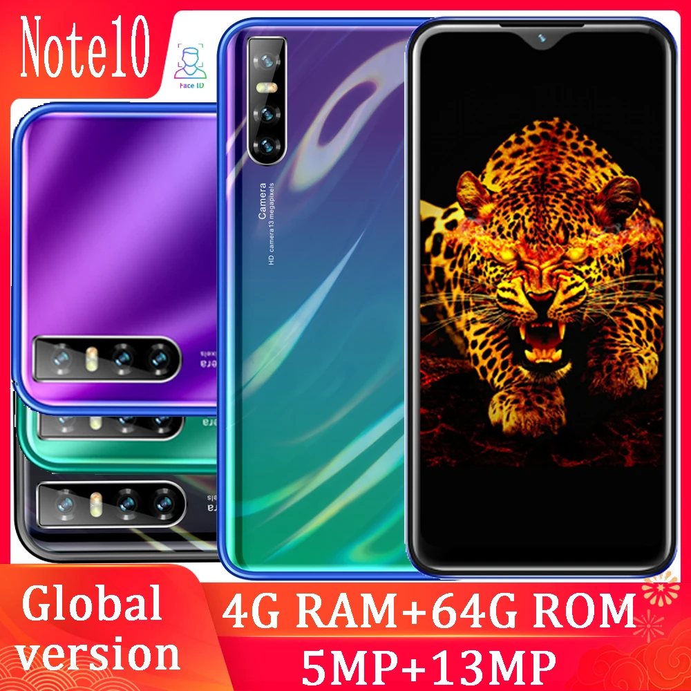 

Note10 quad core Global version smartphones 4GB 64GB 13MP 6.26 water drop screen android mobile phones face ID unlocked celulars