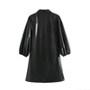 Aachoae Women Black Color PU Leather Mini Dress Lantern Long Sleeve Streetwear Female Dresses A Line Turn Down Collar Sundresses ► Photo 2/6