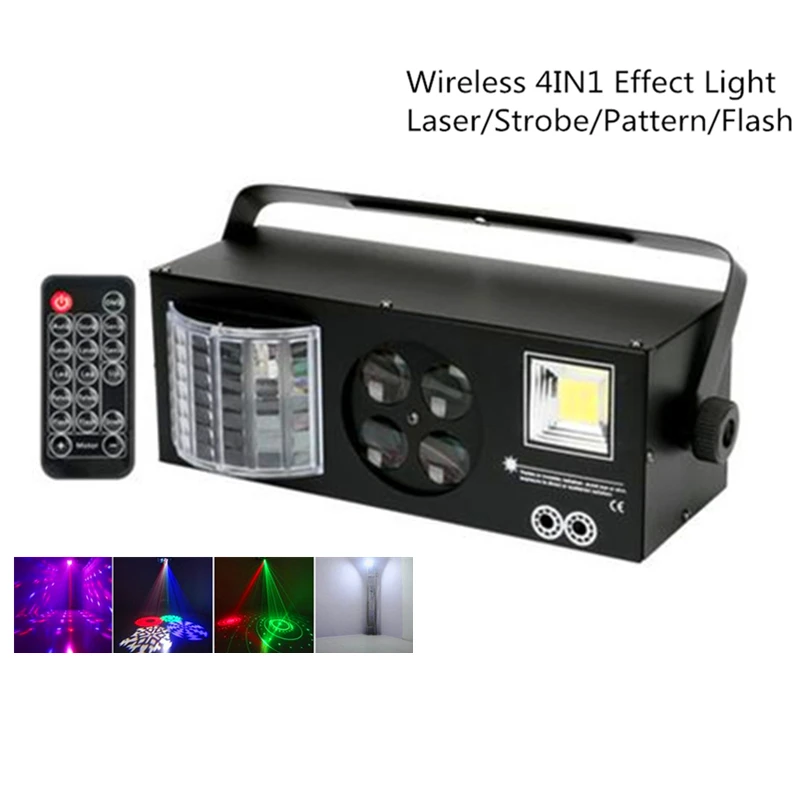 

With Remote Control 4in1 Effect Stage Lighting, Red Green Laser+4X3W LED Patterns Light+6x3W LED Beam Lamp+20W LED Strobe Light