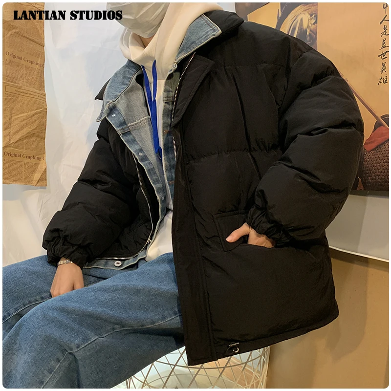 LT Studios Men's Winter Warm Jackets Parkas Denim Patchwork Fake Two Peices Thicken Coats Korean Style Man Casual Jackets Tops