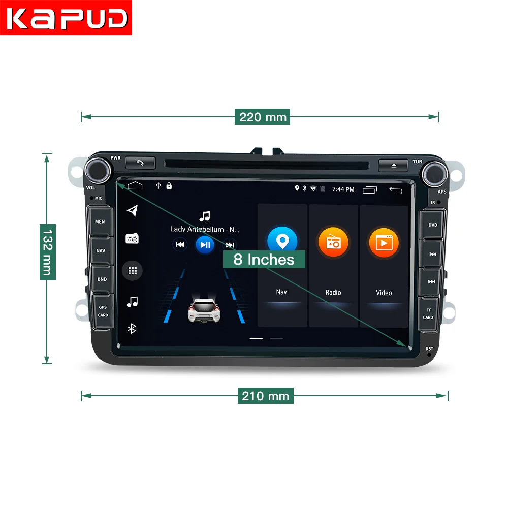 Kapud 폭스바겐 스코다 옥타비아 폴로 골프 티구안 파사트 B6 제타 비틀 GPS DVD 네비게이션 카플레이, 안드로이드 10, 8 인치, 2Din