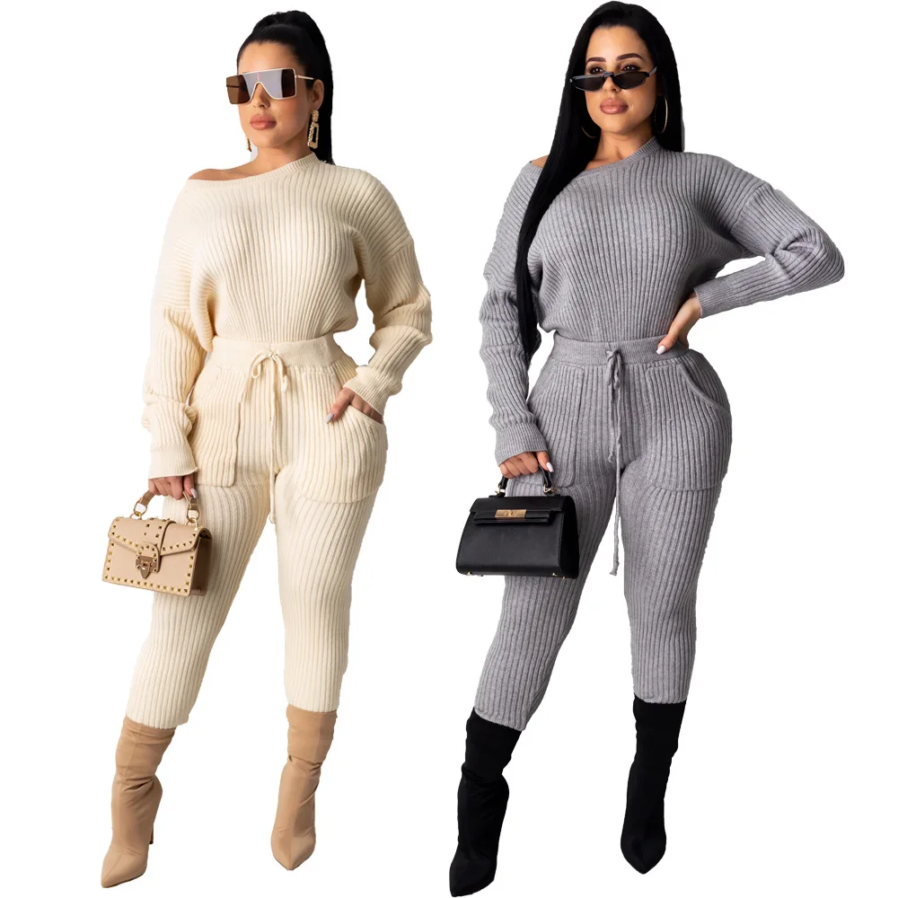 

BONJEAN Winter Knitted 2 Piece Set Jumpsuit Casual Warm Ribbed Top And Pants Women Winter Suit Tracksuit Outfits Matching Sets