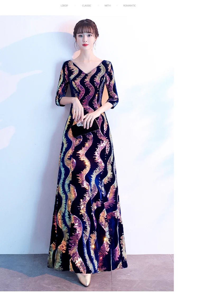 Wei yin AE0262 Robe De Soiree, стиль, трапециевидные Длинные вечерние платья, с блестками, v-образный вырез, половина рукава, элегантные вечерние платья