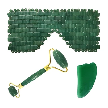 

Green Jade Eye Mask Natural Stone Sleep Mask Cold Therapy Face Massager Cooling Gua Sha Board Scraper Facial Roller Massage Tool