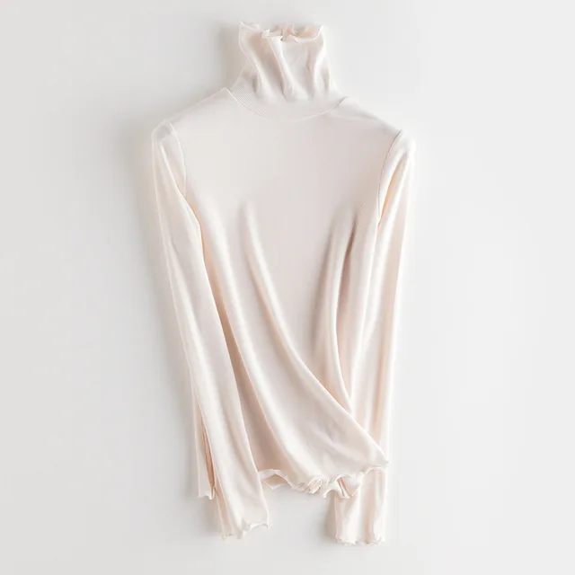 SuyaDream Women Bottoming T Shirt Real Silk Blend Long Sleeves Solid Basic Shirt 2021 Autumn Winter Turtleneck Top Cream Turtleneck