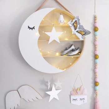 

1PCS Storage Shelf Pendant Wooden Star Moon Shape Shelves Wall Hanging Ornaments Nordic Style Kids Room Decor Storage Rack