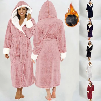

Plush Robes Women Warm Hooded Terry Robe Ladies Winter Flannel Kimono Bath Robe Dressing Gowns Bathrobe Pijama Mujer