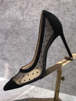 

2019 Net Velvet Noodles Genuine Leather Transparent Sexy Sharp High-heeled Shoes Fine With Lace Nightclub Single Shoe