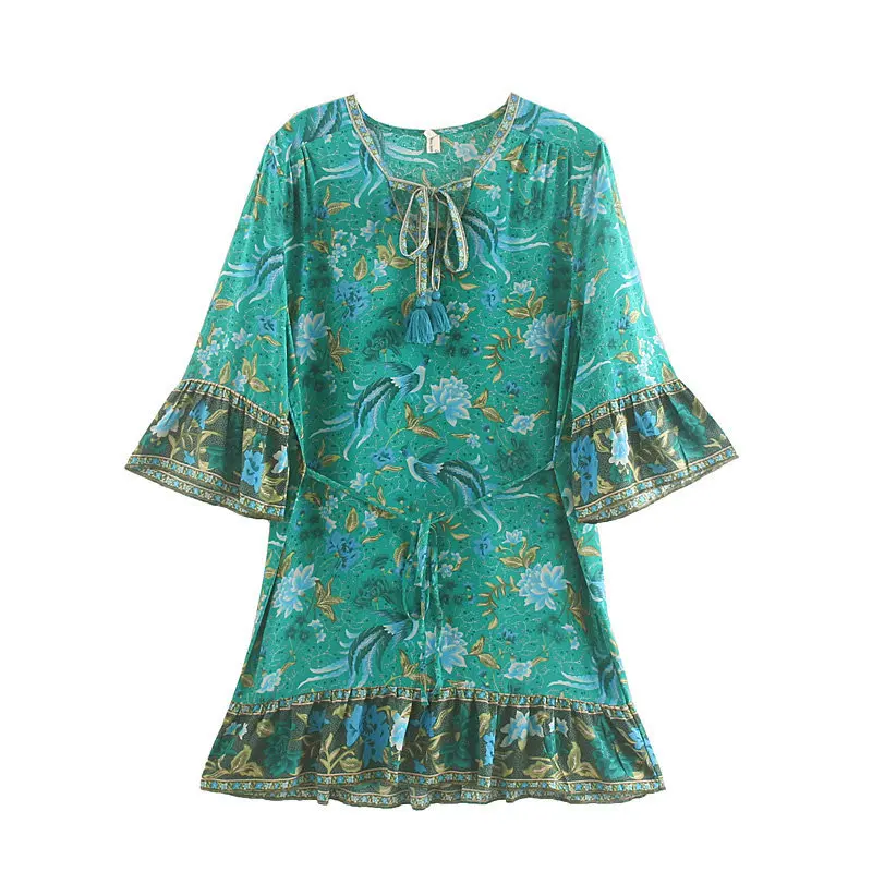 

2020 Women's Dress Crew Neck Printed Lace-up Half-sleeve Shirt Elegant Mid-length Dress Vacation Style Beach Skirt Women's Dress