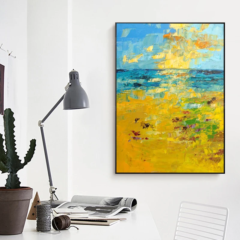 

KOWELL 100%Handpainted Abstract Golden Beaches Oil Painting On Canvas Art Gift Home Decor Living Room Wall Art Frameless Picture
