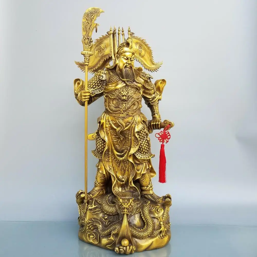 

Home Decor 26" Chinese Seikos Bronze Guan Gong Buddha Statue Dragon cloak Back guard flag Hanging sword Door god statue