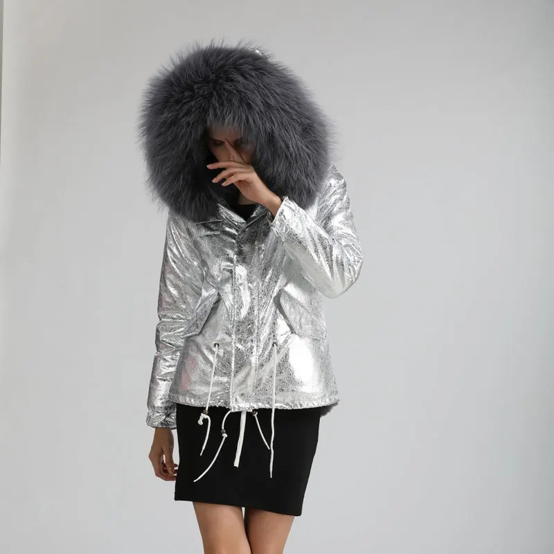 Europe Style Women Winter Grey Furs Coat Ladies Elegant Winter Warm Leather Sliver Coat