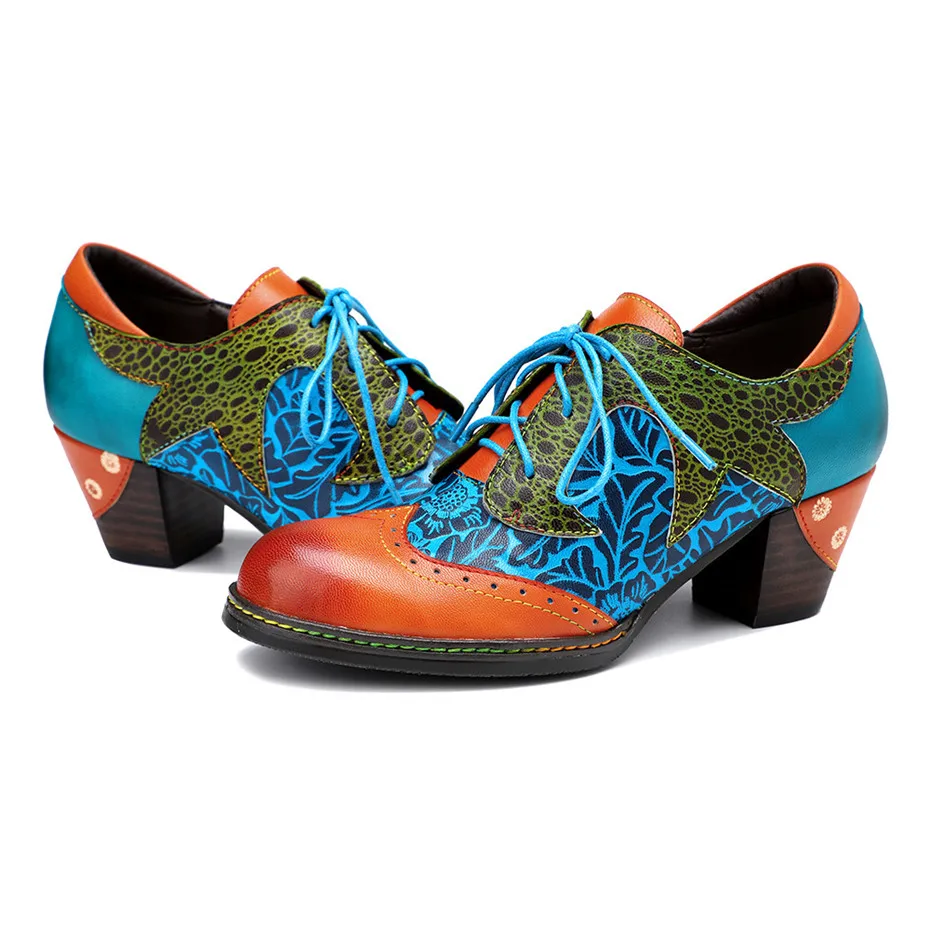 Vintage Handmade Print Stitching Women Pumps Oxfords Shoes Ethnic Style Genuine Leather Chunky High Heels Women‘s’ Shoes Brogues (11)