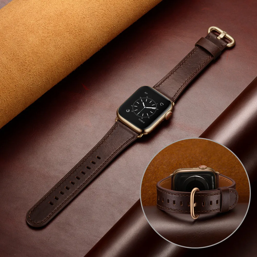 Ремешок для часов из натуральной кожи для Apple Watch 5, 4, ремешок, 40 мм, 44 мм, 38 мм, 42 мм, для женщин и мужчин, металлический ремешок с пряжкой, браслет для iwatch 1, 2, 3