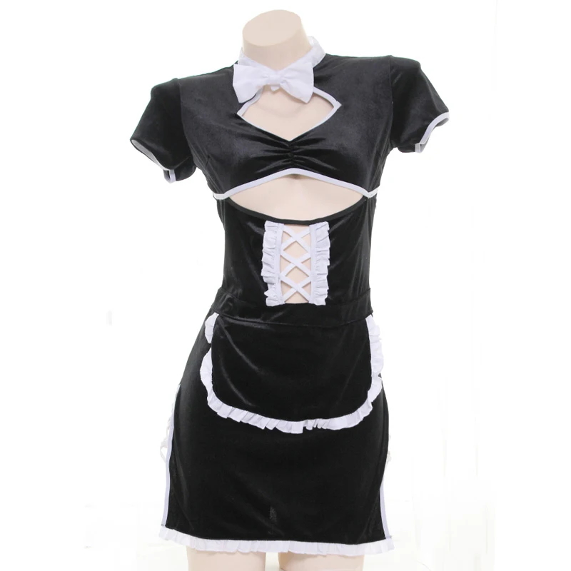 

Japanese Lolita Retro Velvet Maid Cheongsam Nightdress Girls Hollow Out Open Chest Apron Uniform Dress Set Sleepwear Cosplay