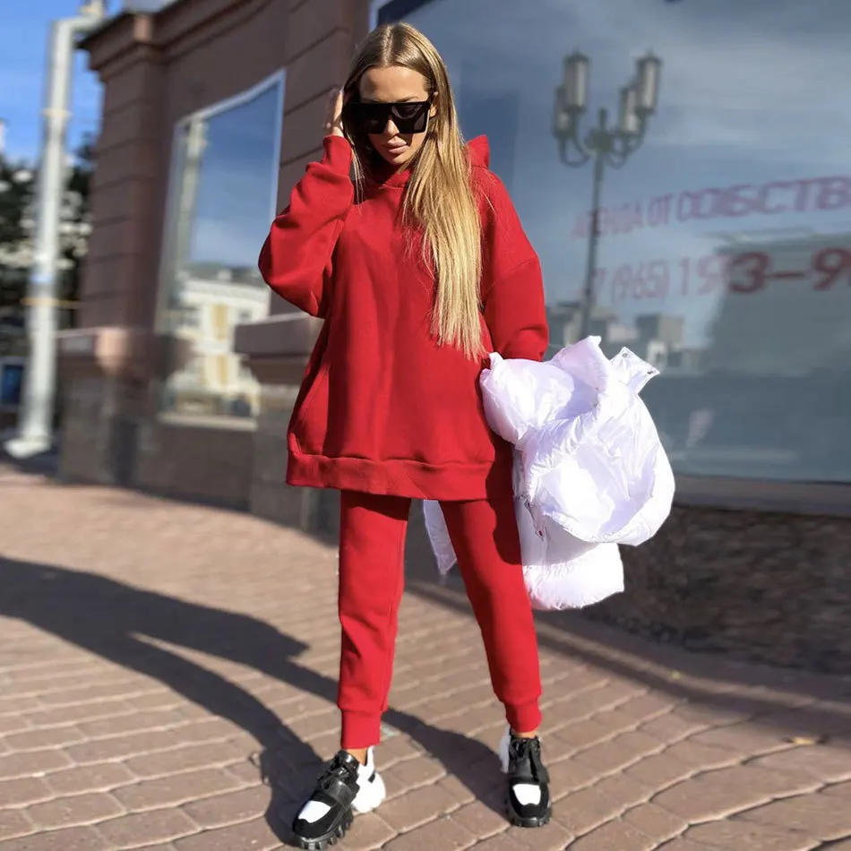 Women Sweatshirt Pant and Hoodi Sets Sports Suit Autumn Winter 2021 Warm Long Hooded Coat Zipper Fleece Jogging Tracksuit white pant suit