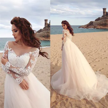 

Sheer Scoop Long Sleeves Tulle Lace Appliques Wedding Dress Buttons Back Custom Online Bridal Gowns 2021 Formal Long