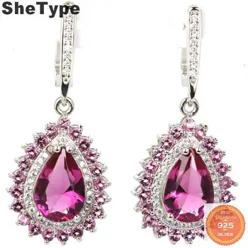 

39x17mm 2020 Hot Sell 7.3g Created Pink Tourmaline CZ Gift For Sister 925 Solid Sterling Silver Stud Earrings