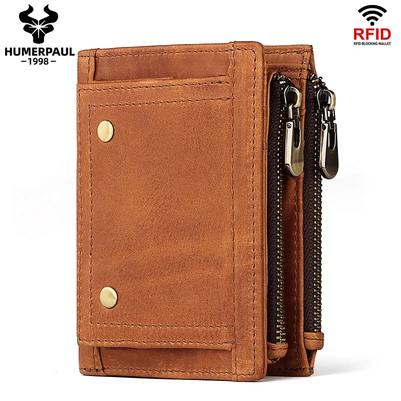 

Fashion Men wallets Luxury Brand Genuine Leather Coin Pocket Short Double-Zipper Wallet With Card Holder Rfid Quality Male Purse
