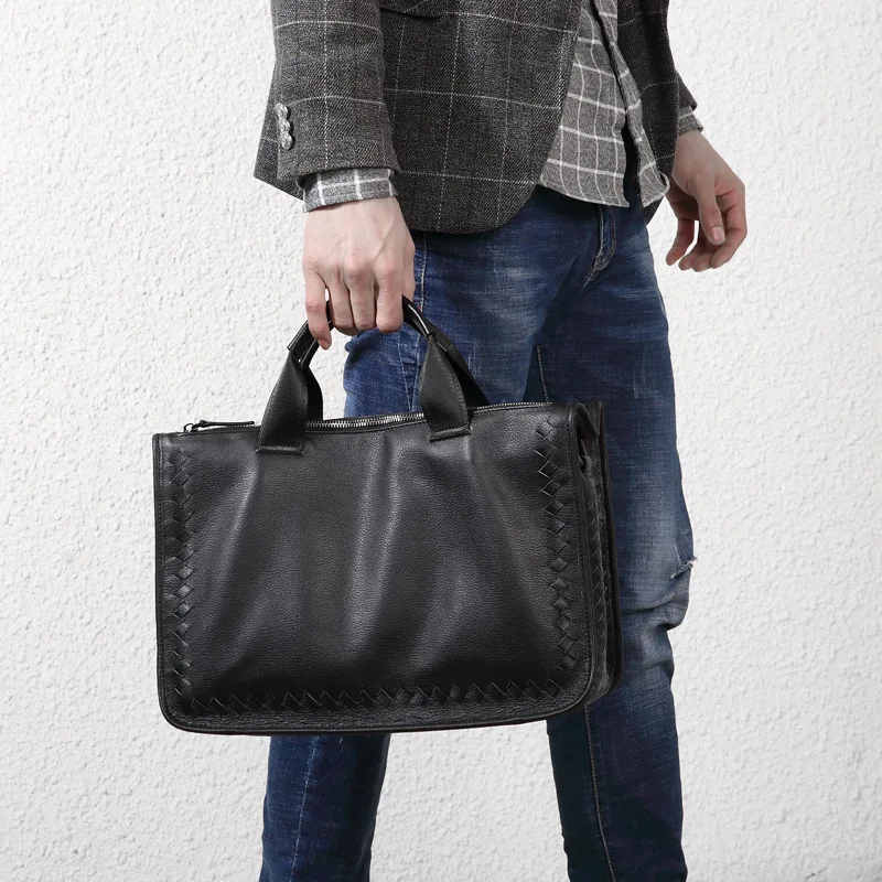 Новая мужская сумка из мягкой кожи Повседневная тканая большая-портфель Наплечная Сумка для ноутбука верхний слой кожаные мужские дорожные сумки