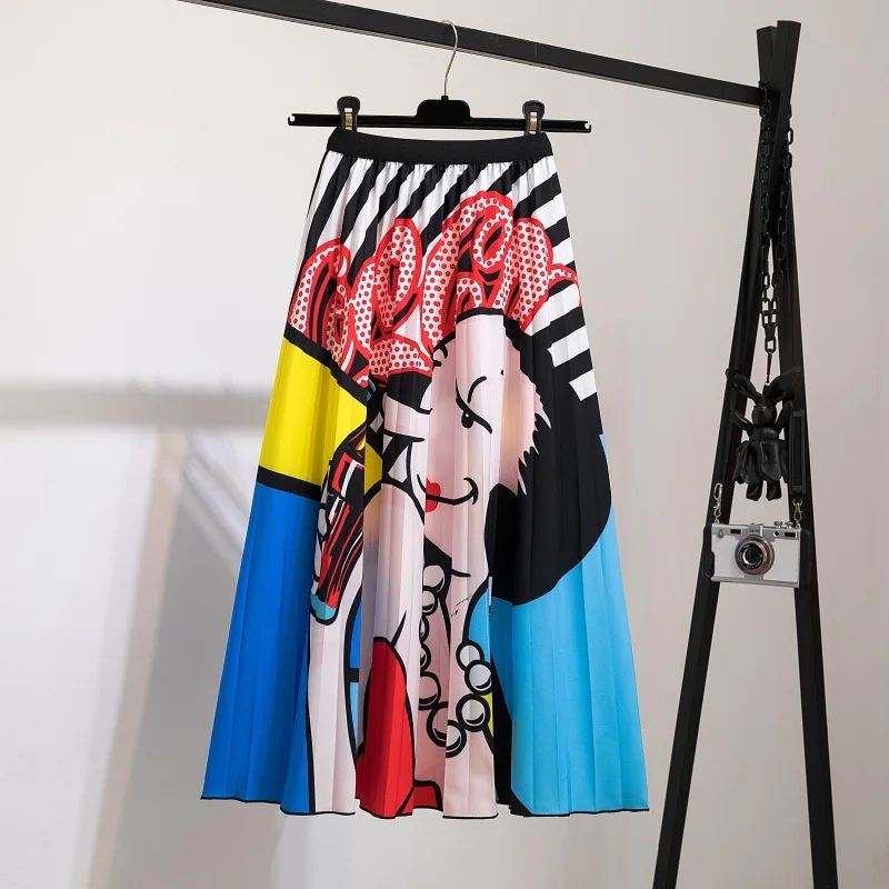 Falda a cuadros estampada con dibujos animados para mujer, falda elástica que combina con todo, longitud media, primavera y verano, 2021