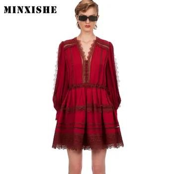 

Christmas Vintage new Lady V-neck Short Dresses red Spring 2020 Lace party Mini Women Dress Sexy A-line Vestidos MINXISHE