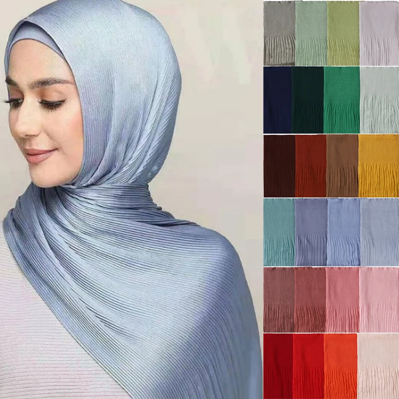 Pleated Pearl Chiffon Hijab Scarf Muslim Women Islam Autumn Winter Plain Shawl Headwrap Smooth Turban Bonnet Headscarf Headband