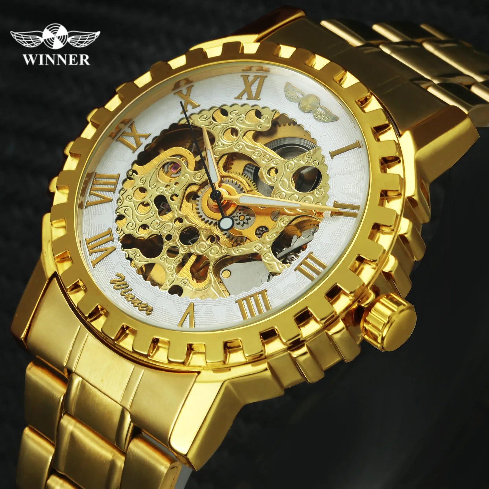 Мужские автоматические механические часы WINNER золотистый ремешок из нержавеющей