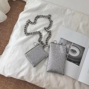 

Heavy Industry Metal Three-in-one Ladies New Silver Thick Chain Sequined Mobile Phone Bag Hanging Neck Bag Messenger Bag Channel