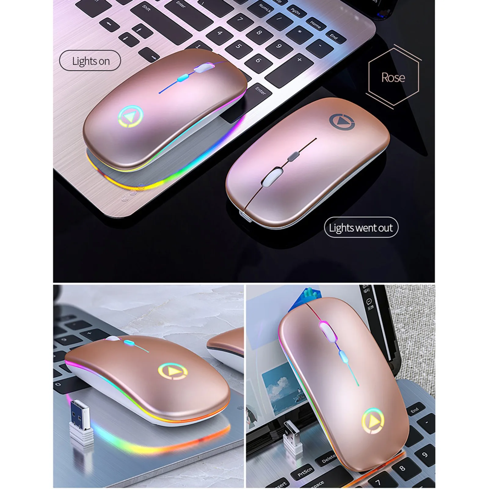 Ratón óptico con luz Led, inalámbrico, 4 botones, 1600 Dpi, recargable vía Usb, silencioso, para Pc, portátil y Escritorio