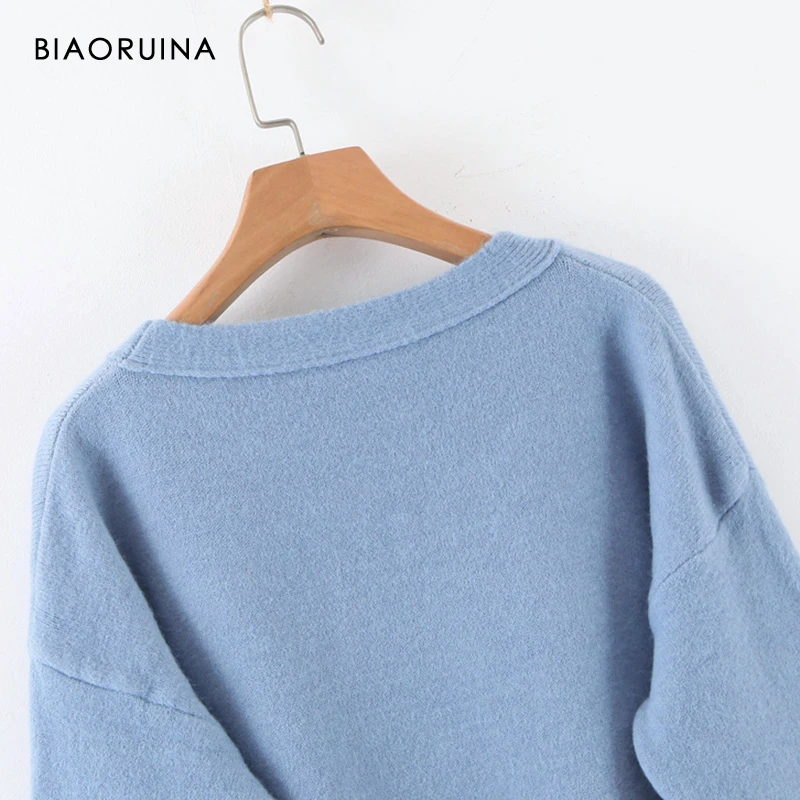 BIAORUINA, 4 цвета, Женский Повседневный однотонный вязаный свитер, Женский минималистичный пуловер с v-образным вырезом в Корейском стиле, свободный модный свитер